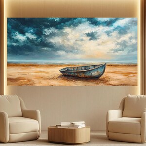 May include: A painting of a weathered wooden boat on a sandy beach with a cloudy sky in the background.