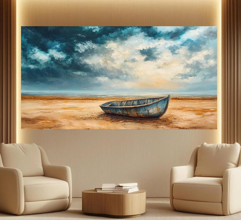 May include: A painting of a weathered wooden boat on a sandy beach with a cloudy sky in the background.