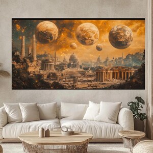 May include: A digital painting of a futuristic city with a golden sky and multiple moons. The city is made of stone and has a dome-shaped building in the center. The moons are all different sizes and shapes.