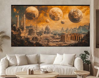 Canvastavla med steampunkmotiv, flytande planeter, forntida stadslandskap