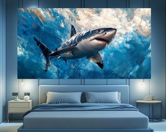 Expressive Shark Painting, Ocean Predator Canvas Print, Diving Wall Art
