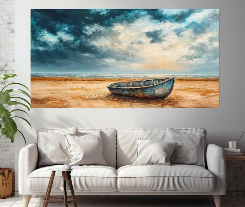 May include: A weathered blue wooden boat sits on a sandy beach with a cloudy sky and ocean in the background.