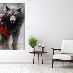 May include: A black and white illustration of a wolf and a girl in a red hooded cloak. The wolf is standing behind the girl, and its mouth is open in a menacing way. The girl is looking down at the ground, and her expression is one of fear.