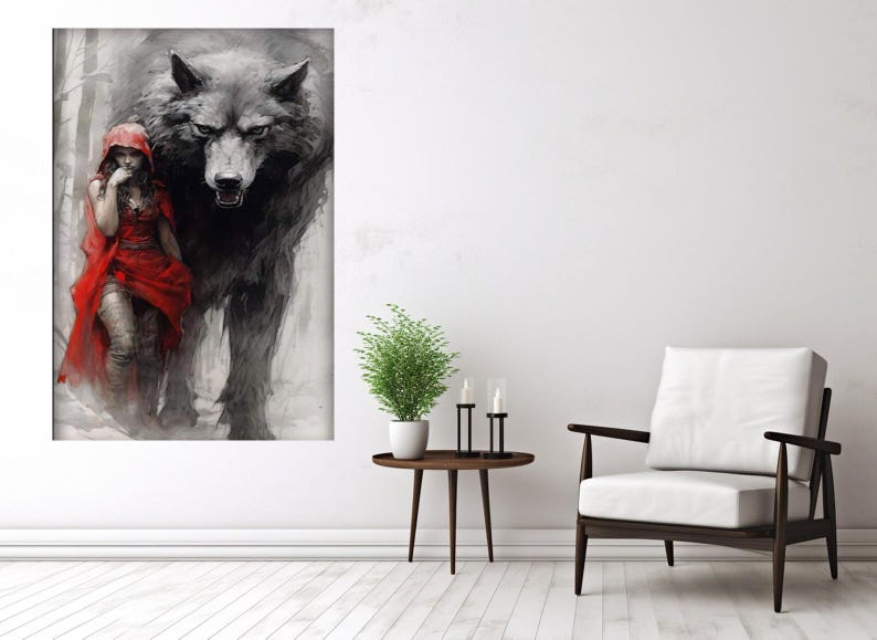 May include: A black and white illustration of a wolf and a girl in a red hooded cloak. The wolf is standing behind the girl, and its mouth is open in a menacing way. The girl is looking down at the ground, and her expression is one of fear.