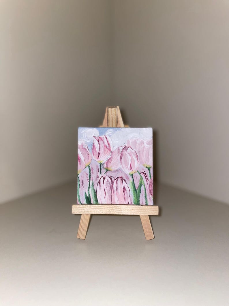 Mini Tulip Painting on Canvas – 7x7 Cm Original Acrylic Art – Pink ...