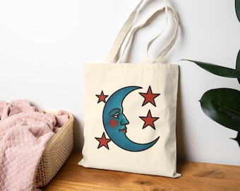Moon and Stars Cotton Canvas Tote Bag, Boho Shopper