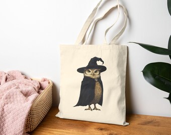 Witch Owl Tote Bag, Cotton Canvas Halloween Shopping Bag
