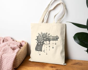 Rebellious Floral Tote Bag, Feminist Floral Gun Design, Moon, Stars Canvas Bag, Witchy Gift for Her, Rebellious Bookish Tote