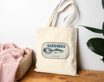 Vintage Sardine Tin Cotton Tote Bag, Reusable Grocery Shopping Bag