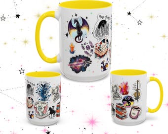 Whimsical Fantasy Sticker Design Coffee Mug, Snarky Dragon Mug, 15oz