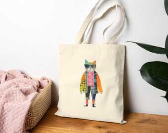 Stylish Cat Graphic Cotton Canvas Tote Bag, Eco-Friendly Pet Lover Gift