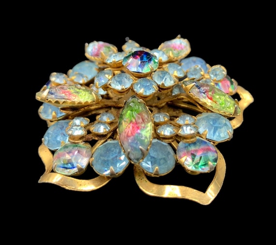 Vintage Brooch With Iris Glass Stones, Molded Sto… - image 2