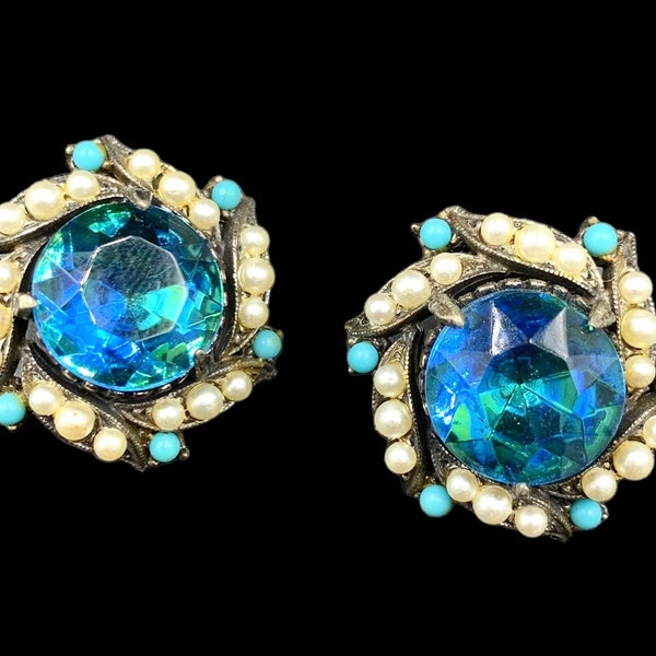 Florenza Clip Earrings With Faux Pearls, Turquoise Beads