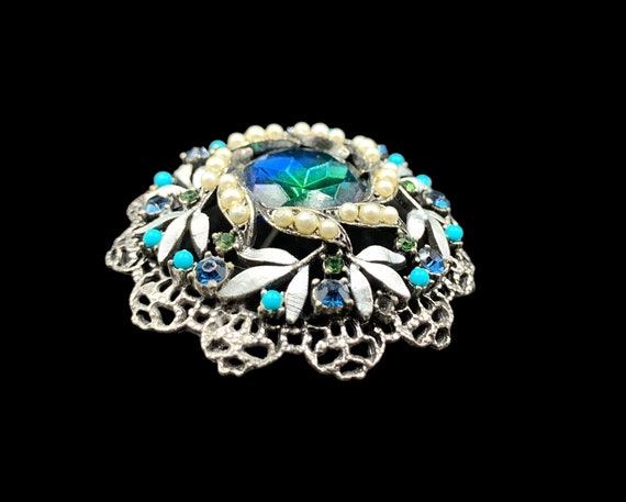 Florenza Domed Brooch With Pearl and Turquoise Be… - image 2