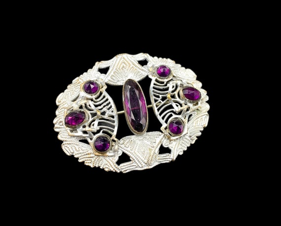 1920's Sash Pin With Silver Wash and Deep Purple … - image 1