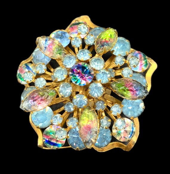 Vintage Brooch With Iris Glass Stones, Molded Sto… - image 1