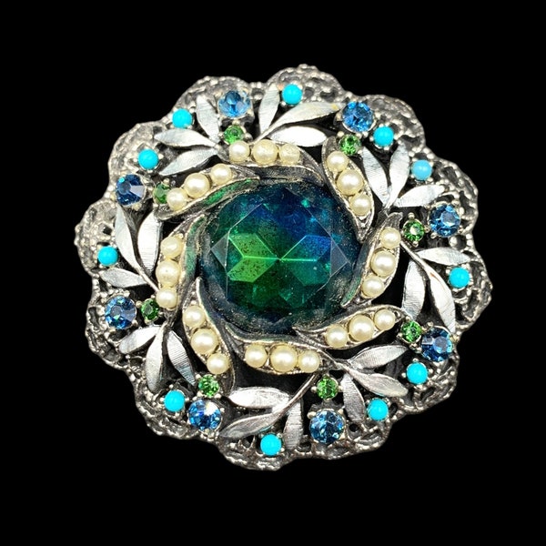 Florenza Domed Brooch With Pearl and Turquoise Beads, Large Center Stone