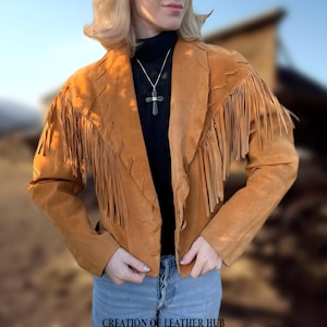 Women&#39;s 70s Vintage Western Style Suede Leather Fringe Jacket | Exclusive Cowgirl Suede Fringe Coat / Jacket | Boho Outfit, Western Wear.