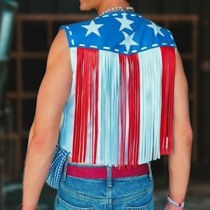Handmade Leather Fringe Vest: American Flag Patriotic Western Wear