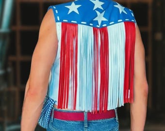 Handmade Leather Fringe Vest: American Flag Patriotic Western Wear