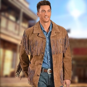 Men’s Western Suede Fringe Jacket, Tan Tassel Leather Coat, 70s Style Cowboy Native Outfit, Old West Inspired Wear, Handmade Gift for Him