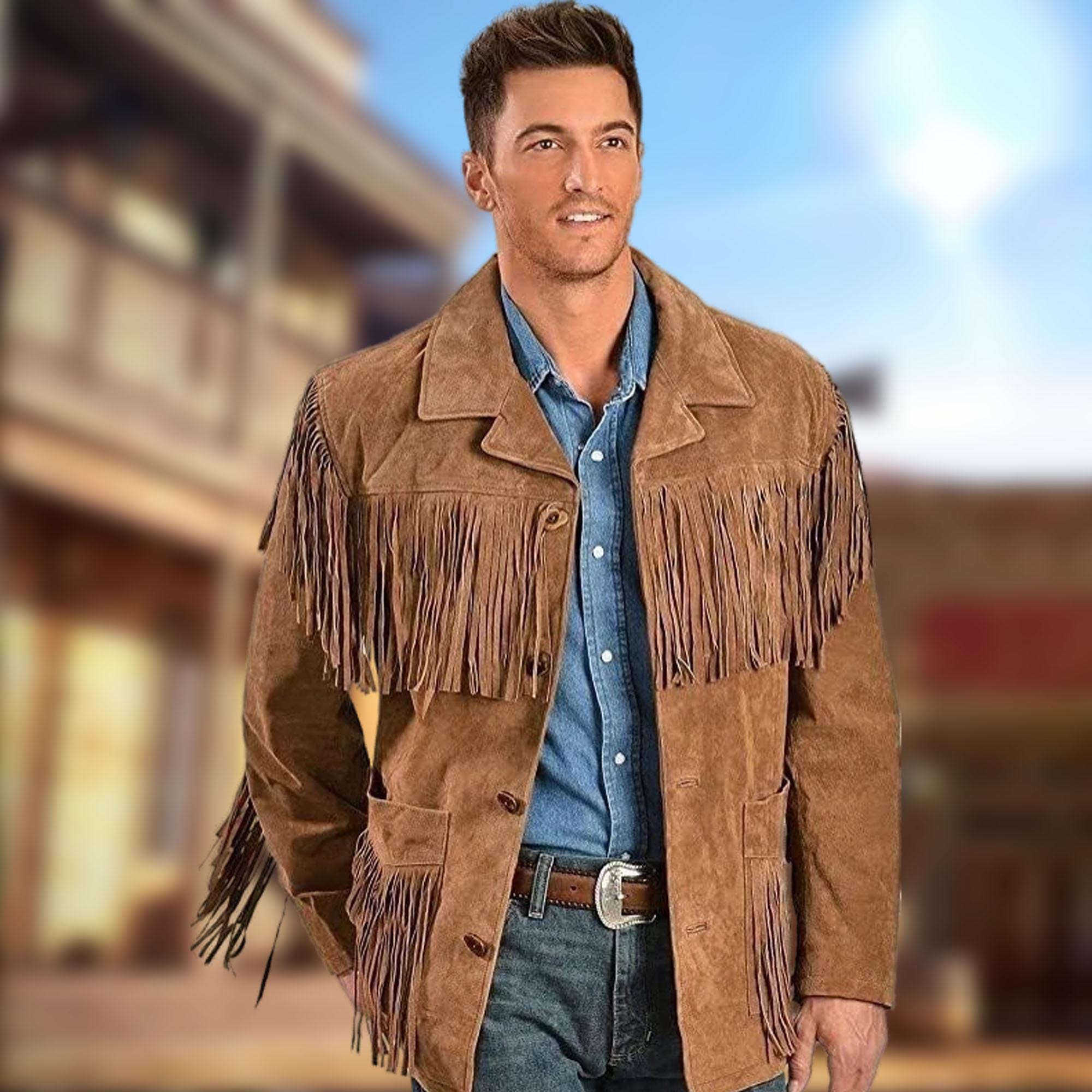 Men's Suede Fringe Western Jacket: 70s Cowboy Style Handmade Coat