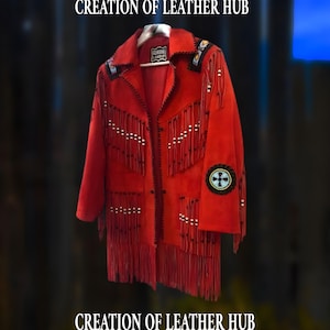 Red Suede Fringe Jacket: Hand-Beaded Western Cowgirl Coat