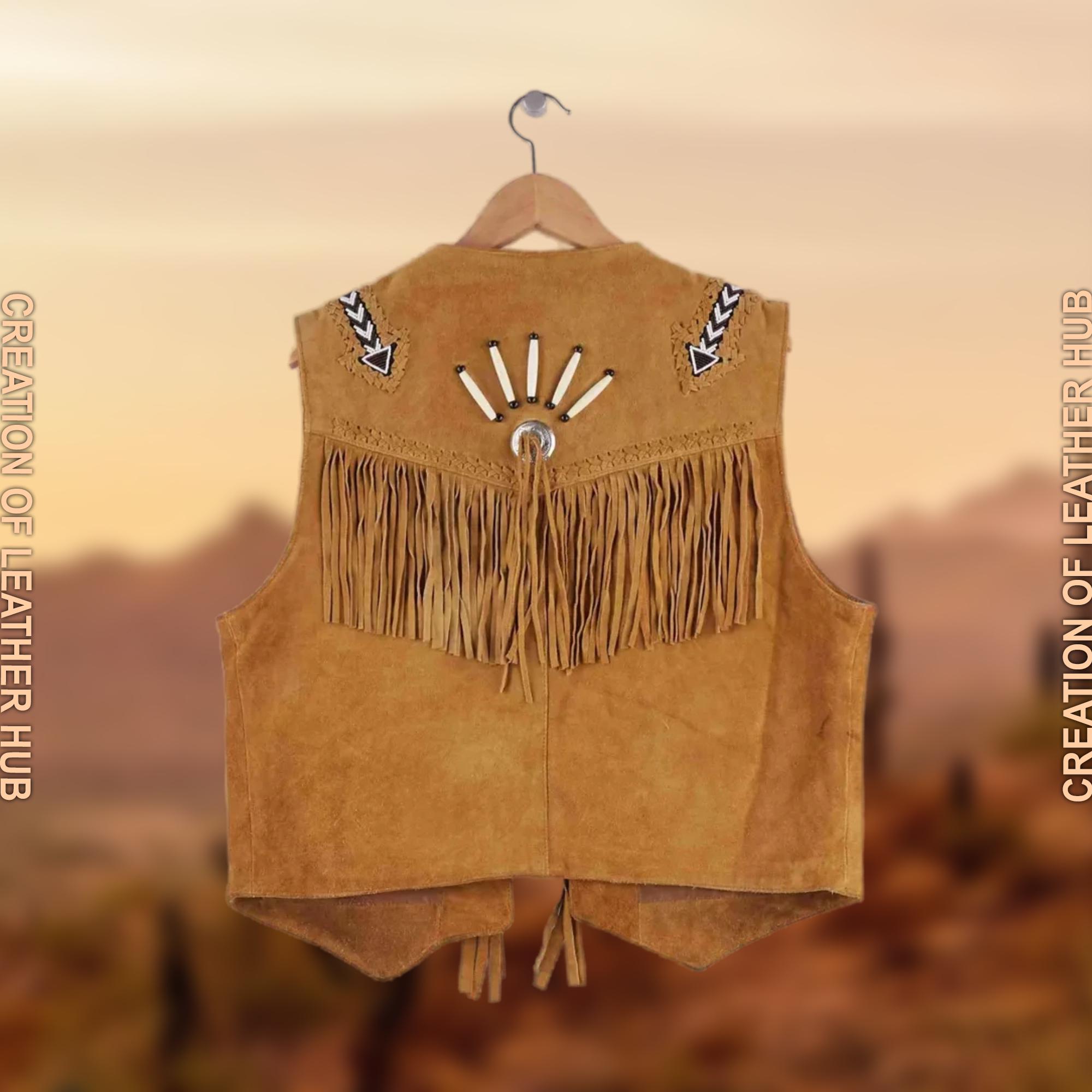 Men's Suede Leather Western Vest: Handmade Fringe Cowboy Waistcoat