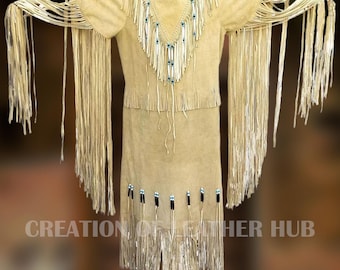 Suede Leather Fringe Maxi Dress: Native Inspired Powwow Regalia