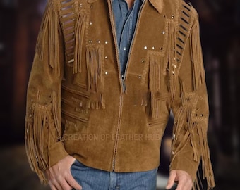 Men's Buckskin Suede Leather Jacket: Western Cowboy Fringe Coat