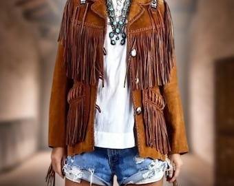 Ręcznie robiona zamszowa kurtka z frędzlami: płaszcz boho w stylu western cowgirl z koralikami