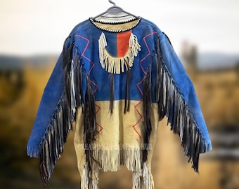Men's Suede Leather Fringed War Shirt: Sioux Style Western Jacket