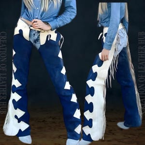 Western Cowgirl Ladies Blue Suede Fringe Chaps | Ręcznie robione spodnie rodeo w stylu vintage | Ekskluzywny sprzęt do jazdy konnej