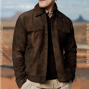 Vintage Trucker Brown Suede Leather Jacket–Handmade Men&#39;s Motorcycle Biker Shirt, Classic Western Cowboy Style Jacket, Perfect Gift for Him
