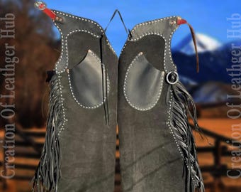 Jambières western en cuir suédé faites main : clochette Arizona, franges, surpiqûres