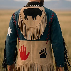 Peut inclure: Veste en daim bleu avec des empiècements et des franges en cuir beige. Le dos présente une silhouette de bison noir, une empreinte de main rouge et une empreinte de patte d'ours noire. Des coutures rouges en zigzag et une étoile blanche ajoutent des détails.