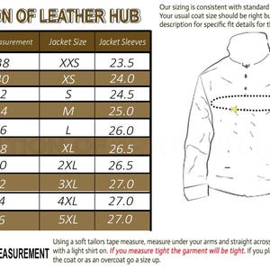 May include: A chart showing men's chest measurements in inches and corresponding jacket sizes and sleeve lengths in inches. The chart is brown with white text. The text "Creation of Leather Hub" is at the top of the chart.  A line drawing of a jacket is shown to the right of the chart.  The drawing shows where to measure the chest for a proper fit.