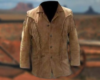 Veste à franges en cuir suédé faite main : style cow-boy occidental