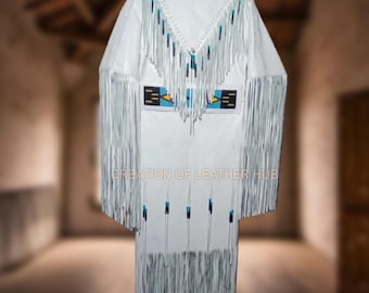 Handgefertigtes Leder Fransen Maxi Kleid: Beaded Powwow Regalia