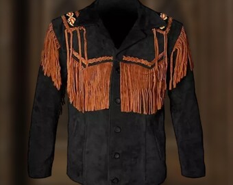 May include: Black suede jacket with brown fringe detailing across the chest and shoulders. The jacket has a classic collar, button closure, and decorative embellishments on the shoulders. A stylish western-inspired garment.