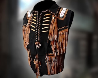 Handmade Suede Leather Western Vest: Beaded Fringe Rodeo Apparel