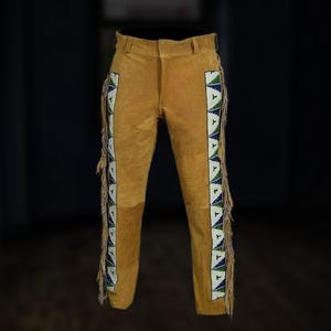 Men’s Western Style Suede Leather Pants – Full Leg Fringe & Beaded Detail, Cowboy Festival Outfit, Handmade Trousers