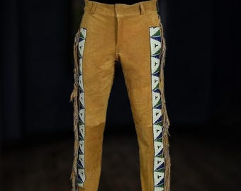 Men's Handmade Suede Leather Pants: Western Fringe & Beaded Cowboy Trousers