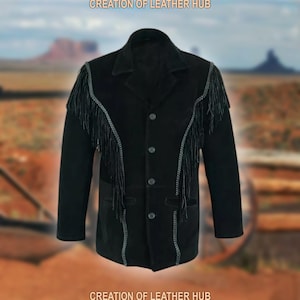 Men&#39;s Handmade Traditional Western Cowboy Buckskin Leather Jacket – Fringed Native Vintage Vibe Coat Western Style Classic Look Gift for Him