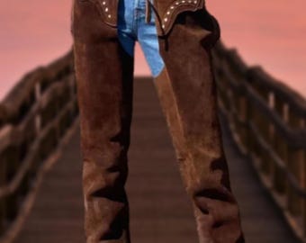 70er Jahre Wildleder Fransen Chaps: Western Cowgirl Nietenbesatz