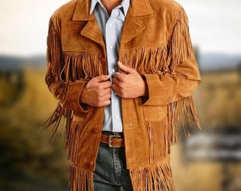 Men's Suede Fringed Western Jacket: Liberty Eagle Beaded Cowboy Coat