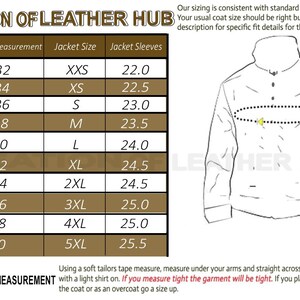 Peut inclure: Un tableau des tailles pour vestes en cuir avec des mesures en pouces pour le tour de poitrine des femmes, la taille de la veste et la longueur des manches de la veste. Le tableau est sur un fond brun avec le texte "Creation of Leather Hub" en haut. Un dessin au trait d'une veste est pr&eacute;sent&eacute; &agrave; droite du tableau avec un cercle jaune mettant en &eacute;vidence la zone &agrave; mesurer pour la taille de la poitrine.