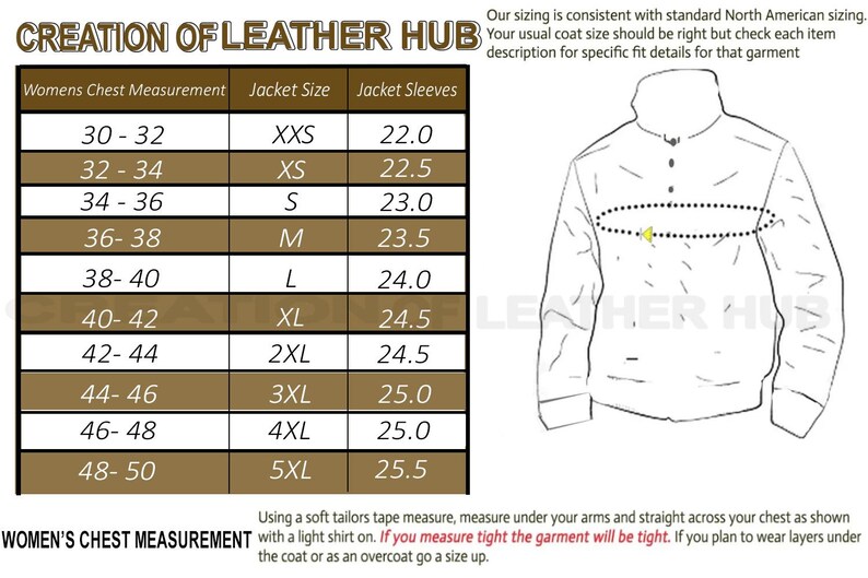 Peut inclure: Un tableau des tailles pour vestes en cuir avec des mesures en pouces pour le tour de poitrine des femmes, la taille de la veste et la longueur des manches de la veste. Le tableau est sur un fond brun avec le texte "Creation of Leather Hub" en haut. Un dessin au trait d'une veste est pr&eacute;sent&eacute; &agrave; droite du tableau avec un cercle jaune mettant en &eacute;vidence la zone &agrave; mesurer pour la taille de la poitrine.