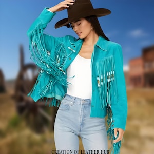 Veste à franges style western en daim fait main turquoise avec passepoil en os | Veste en daim véritable cowgirl | Vêtements western élégants, tenue bohème.