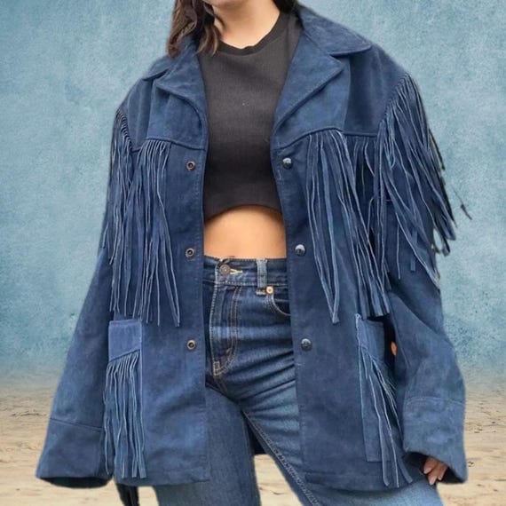 Blue Suede Fringe Jacket: Genuine Leather Western Cowgirl Coat